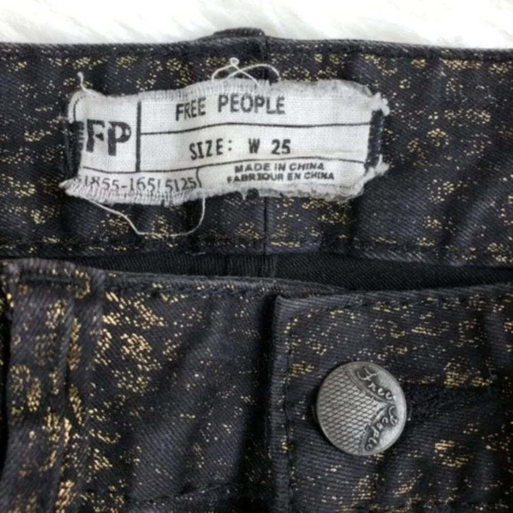 Free People Gold Leopard Print Jeans Y2K Denim Black Cheetah size 25 Stretch